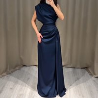 Elegant Crew Neck High Waist Pleated Party Dress Women Spring Solid Satin Long Dress Summer Sleeveless Straight Maxi Dress Mujer