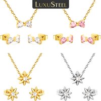 LUXUSTEEL Starfish Pendants Necklace Earring Sets Stainless Steel Cubic Zirconia Bowknot Wedding Jewelry Sets For Women Lady