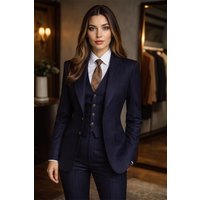 Navy Blue Pinstripe Suit Women's 3 Piece Suits for Office Chic Fashion Striped Suit (Jacket+Vest+Pants) Tailor Made
