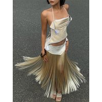 Sisterlinda Tassel Halter 2 Piece Set Women Sexy Irregular Backless Bandages Tank Top+Patchwork Skirt New Trend Party Streetwear