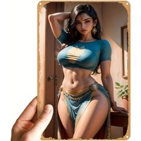 HD Metal Tin Sign Exotic Indian Woman in Teal Traditional Outfit with Gold Accents Vintage Wall Art Plaque Retro 2D Decor for Ho
