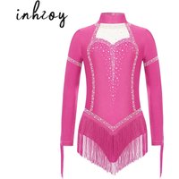 Kids Girls Fringe Latin Dance Bodysuit Long Sleeve Shiny Rhinestones Tassels Skirted Leotard Figure Skaintg Gymnastics Costume