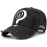 Retro Washed Distressed Round Circle Question Mark Denim Baseball Cap. Available in 2 Colors. Suitable for Casual Street Wear.