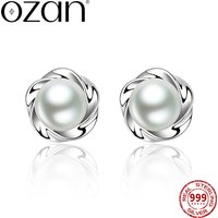 OZAN 925 Sterling Silver Flower Earrings Stud Round Shell Pearl 6mm 8mm Trendy Classic Women's Jewelry Anniversary Gift