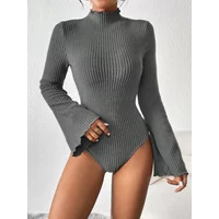 Fashionable Solid Color Stand Collar Ribbed Knit Onesie Tight Body Suit for Women