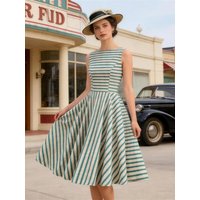 Tonval O-Neck Sleeveless Striped Dresses for Women 1950s Vintage Fashion Elegant Birthday Wear Swing Dress