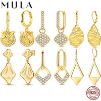 Mula 925 Sterling Silver Gold Color Diamond Geometry Earring for Women Round Sun Moon Zircon Hoop Earring Original Jewelry Gift