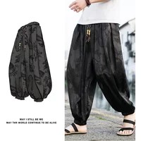 Hot sales Pants Men 2024 New Ice Silk Dragon Dark Flower Bloomers Loose Fashion Wide Leg Casual High Quality Male Trousers Brand