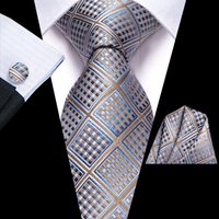 Plaid Brown Blue Silk Wedding Tie For Men Handky Cufflink Gift Men Necktie Fashion Business Party Dropshipping Hi-Tie Designer