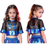 Kids Girls Hip Hop Jazz Dance Clothes Hollow Out Mesh Patchwork Metallic Crop Top Short Sleeve Number Graphic T-shirt Streetwear