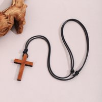 Wooden Simple Cross Pendant Necklace Women Men Christianity Jewelry Adjustable Cord Perfect Faith Gift Daily Wear