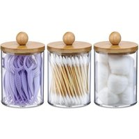 3 Pack Cotton Swab Organizer with Bamboo Lids - 10 oz Clear Plastic Apothecary Jar Containers for Vanity Makeup Organizer