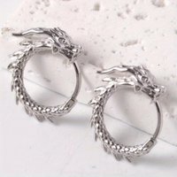 Vintage Silver Color Dragon Hoops Earrings Woman Carving Party Daily Wear