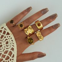 6pcs Set Trendy Retro Maillard Tiger Eye Stone Gold Color Irregular Liquid Metal Opening Ring for Women Personality Jewelry Sets
