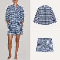 Women's Plaid Shirt Sleeve past Elbow round Neck Short Pants Summer Fashion Set ZADATA Brand Four Seasons Wear round Neck Shirt