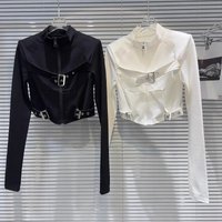 Spicy Girl Short T-shirt Y2k Meatl Button Bandage Long Sleeve Tops 2025 New Sexy Slim Stand Collar Zipper Tees Trendy