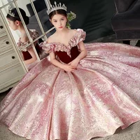 New red children's host dress, women's fashion show, birthday piano performance, princess dress, girls' dress, little model