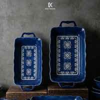 Vintage Blue Ceramic Baking Dish Rectangular Lasagna Pan with Handles Moroccan Boho Serving Platter Microwave Oven Safe