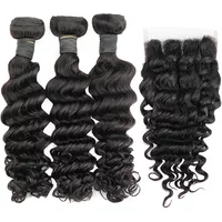 Deep Wave Bundles with Closure Brazilian Virgin Human Hair 3 Bundles with 4x4 Lace Closure Deep Curly Natural Bundle 8-24 Inch