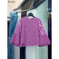 ZANZEA Vintage Hollow Out Blouse Fashion Lace Tops Women Casual Loose Tunics 2025 Autumn 3/4 Puff Sleeve Solid Color Blusas