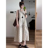 Summer Polka Dot Linen Dress Women's High Waist Slimming Midi A-Line Skirt Cotton Sleeveless Casual Loose Vest Dress N796