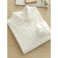 Korean-Style Artistic Fresh Ruffled Edge Doll Collar Pure Cotton White Shirt for Women, Long-Sleeve Versatile Layering Base Shirt for Students