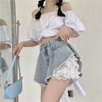 Lace Raw Edge Wide-leg Denim Shorts Women's Summer Denim Hot Pants+lace Shorts Suit