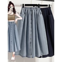 Retro Single Button Loose Denim Skirt Women's Summer Design Pocket High Waist A-Line Slimming Maxi Skirt Commute Style