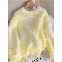 Ladies Simple Contrast Color Pullover Long Sleeve Sweater Fashion Women's Tops-Hot Wool Soft Knit Long Sleeve Beautiful Ladies W