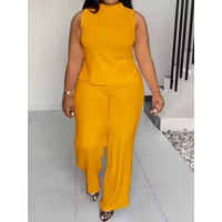 Solid Casual Tracksuit Women 2 Pieces Outfits Summer Sleeveless Side Split Top and Wide Leg Pants Sporty Fitness Matching Sets