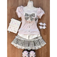 Japanese Sweet Preppy Style Skirt Set Women Kawaii Lace Patchwork Bow Tops + Y2k Plaid Mini Skirt Elegant Outifits 2 Piece Set