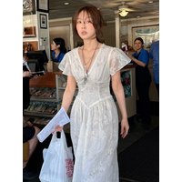 Embroidered Lace Short Sleeve Dress Women's Summer New Casual Waist Cinching Slimming Fairy Skirt Long Dress City Commute