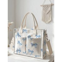Blue Bow Print Beige Corduroy Tote Bag Large Capacity Multi Pocket Commuter Shoulder Bag