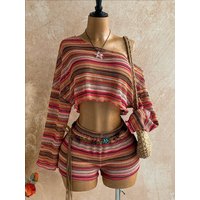 Women's Striped Crochet Two-Piece Set Drop Shoulder Long Sleeve Cropped Top And Shorts Casual Summer Beach Boho 2K Clothing