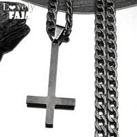 Stainless Steel Upside Down Cross Witchcraft Pagan Necklace for Women Men Inverted Black Hip Hop Chain Jewelry