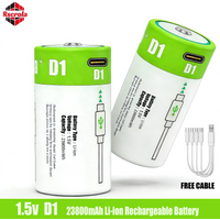 23800mWh USB 1.5v D1 LR20 Rechargeable Li-ion Battery USB-C Fast Charging 1800 Cycles for Gas Stoves Flashlights