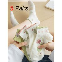 5 Pairs Women Floral Design Short Socks Fashionable Versatile Lace Socks Comfortable Sweat Absorbing Breathable Casual Socks
