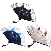 1 pcs Chinese Style Handmade Bamboo Wooden Cartoon Cat Patterns Fan Crafts Folding Fan Silk Fan Home Decoration