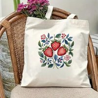 Red Strawberry Printed Canvas Tote Bag Vintage Aesthetic Fruit Leaf Floral Shoulder Handbag Casual Eco Daily Shopper Purse