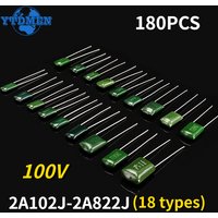 180PCS 100V Polyester Film Capacitor Assortment Kit 2A102J-2A822J 18Values *10pcs 102 222 472 103 223 1NF 2.2NF 10NF 100NF 0.1UF