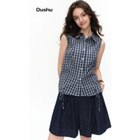 DUSHU Women's Stylish Plaid Vest Shirt 2026 Summer New Waist-Fitted Sleeveless Color-Block Top & Original Denim Skort Shorts Set