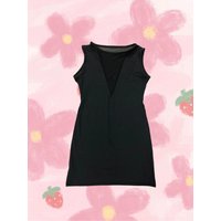 Trend Fashion Minimalist Sexy Style Black Mesh Patchwork Dresses Deep V Sleeveless Slim Versatile Bodycon Round Neck Mini Skirts