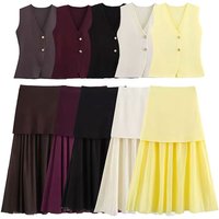 HH Women's Summer Fashion Suit Sleeveless V-neck Single-breasted Vest+A-line Spliced High Waist Midi Skirt Retro Knitted Set