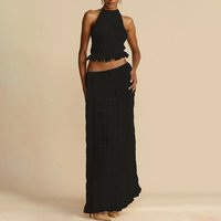 Women Backless Sling Top Lace Up Fold Skirts Sexy Halter Pleated Crop Tops Maxi Skirts Set 2025 Summer 2 Piece Set Beachwear