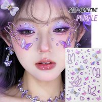 1Sheet Y2K Purple Face Jewels Stickers Self-Adhesive Butterfly & Bow Heart Rhinestone Decals for Festival, Concert, Party Makeup