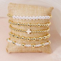 5Pcs/Set Bohemia Golden Beaded Bracelets For Women Artificial Pearls Stackable Stretch Bead Ball Bracelet Cross Jewelry Set Gift