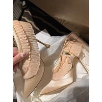 Cream Satin Pointed-Toe Ruffled Heels Lace-Up Detail Stiletto Heel Design Elegant Romantic Style Lady Pumps for Evening Galas