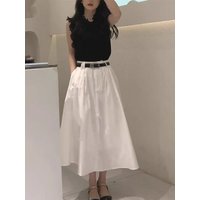 White A-Line Midi Skirt Women's High Waist Slimming Casual Versatile Pocket Detail Commute Style Regular Thickness
