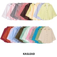 KASLEAD New Women's Fashion Versatile Simple Mixed Wide Sleeve V-neck Shirt Polyester Fiber Loose Fit Seven-quarter Sleeve