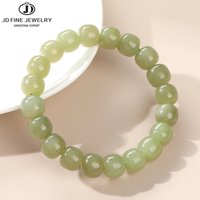 JD Natural Stone Qinghai Green Hetian Jade Barrel Beads Bracelet Women Chinese Lucky Healing Elastic Bracelet Jewelry Girl Gift